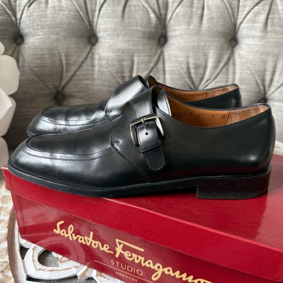 Salvatore Ferragamo Silver Buckle Black Leather Loafers Shoes Men’s 9 D main image 9